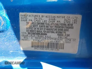 2021 Nissan Versa SV with VIN 3N1CN8EV0ML884504, listed as a IAAI auction lot 42044546 with 110,750 mi miles. Bid and sale history available at carsss.com. Image 9.