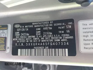 2015 Kia Optima SX Turbo with VIN 5XXGR4A65FG407334, listed as a IAAI auction lot 40743106 with 164,260 mi miles. Bid and sale history available at carsss.com. Image 9.