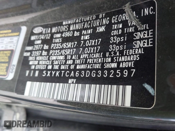 2013 Kia Sorento LX with VIN 5XYKTCA63DG332597, listed as a IAAI auction lot 41956047 with 180,570 mi miles. Bid and sale history available at carsss.com. Image 9.