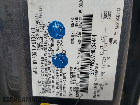 2017 Ford Fusion Titanium with VIN 3FA6P0SU7HR354444, listed as a Copart auction lot 50601035 with 159,069 mi miles and Salvage Title. Bid and sale history available at DreamBid. Image 12.