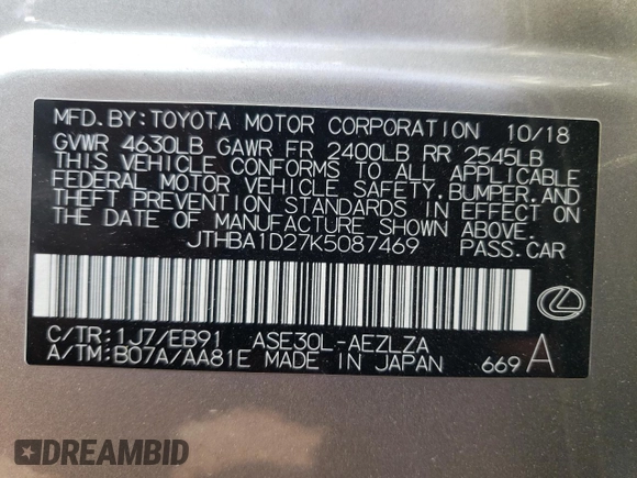 2019 Lexus IS 300 with VIN JTHBA1D27K5087469, listed as a Copart auction lot 59920825 with 43,045 mi miles and Salvage title. Bid and sale history available at DreamBid. Image 12.