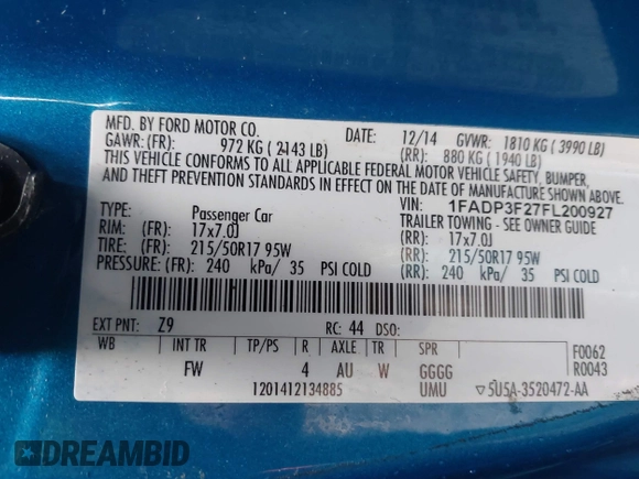 2015 Ford Focus SE с VIN 1FADP3F27FL200927, выставлен на аукционе IAAI как лот 41514911 с пробегом 87 473 миль миль и . История ставок и продаж доступна на DreamBid. Изображение 9.