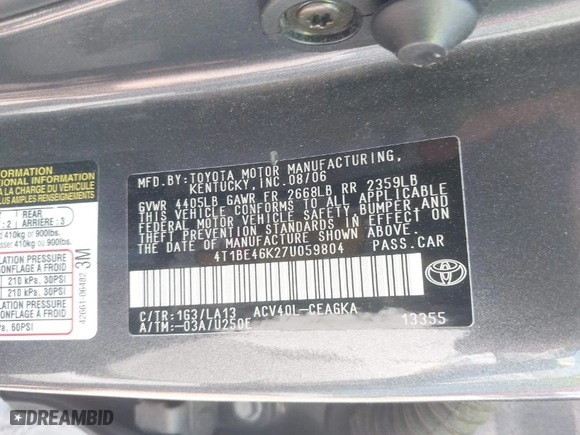 2007 Toyota Camry CE with VIN 4T1BE46K27U059804, listed as a IAAI auction lot 41914392 with 130,313 mi miles. Bid and sale history available at carsss.com. Image 9.