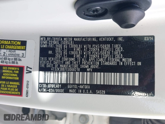 2014 Toyota Venza LE z VIN 4T3ZK3BB7EU068218, wystawiony jako IAAI lot #41724206 z przebiegiem 20 100 mil mil oraz . Historia ofert i sprzedaży dostępna na DreamBid. Obrazek 9.