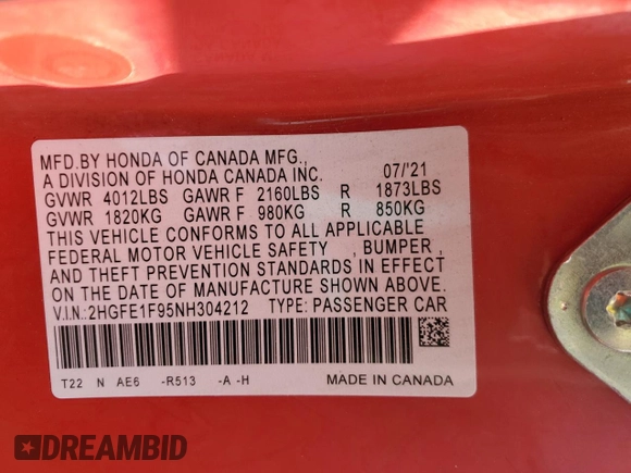 2022 Honda Civic Sedan Touring with VIN 2HGFE1F95NH304212, listed as a Copart auction lot 49652885 with 44,969 mi miles and Salvage Title. Bid and sale history available at carsss.com. Image 13.
