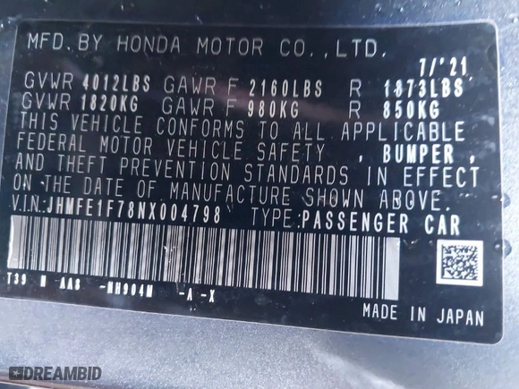 2022 Honda Civic Sedan EX with VIN JHMFE1F78NX004798, listed as a IAAI auction lot 41729982 with 20,829 mi miles. Bid and sale history available at carsss.com. Image 9.