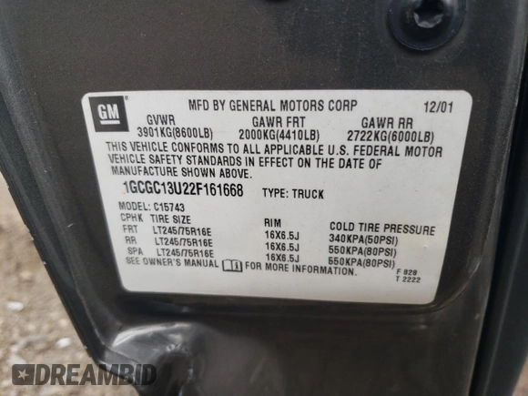 2002 Chevrolet Silverado 1500HD LS z VIN 1GCGC13U22F161668, wystawiony jako Copart lot #53289994 z przebiegiem Nie podano mil oraz Szkoda całkowita • Salvage title. Historia ofert i sprzedaży dostępna na DreamBid. Obrazek 13.
