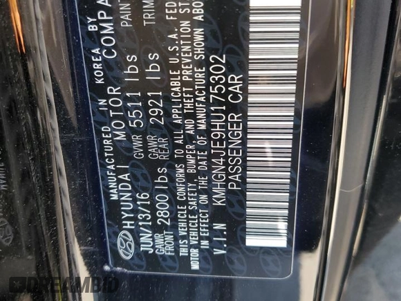 2017 Genesis G80 3.8L with VIN KMHGN4JE9HU175302, listed as a Copart auction lot 59144765 with 133,609 mi miles and Salvage title. Bid and sale history available at DreamBid. Image 13.