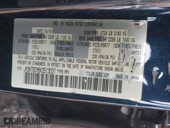 2019 Mazda CX-5 Touring with VIN JM3KFBCM6K0513037, listed as a IAAI auction lot 42121789 with 59,455 mi miles and . Bid and sale history available at DreamBid. Image 9.