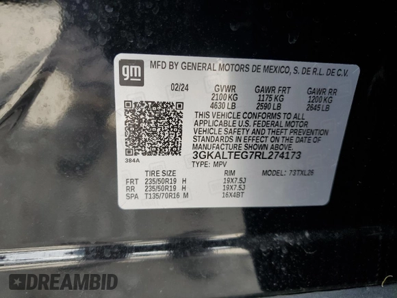 2024 GMC Terrain SLE z VIN 3GKALTEG7RL274173, wystawiony jako Copart lot #54383315 z przebiegiem 18 505 mil mil oraz Szkoda całkowita • Salvage title. Historia ofert i sprzedaży dostępna na DreamBid. Obrazek 12.