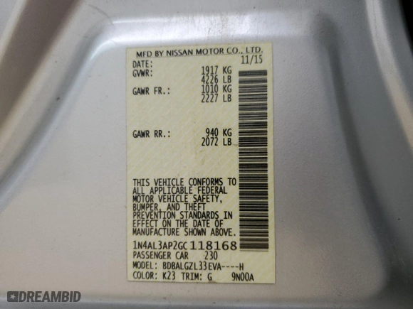 2016 Nissan Altima 2.5 SV with VIN 1N4AL3AP2GC118168, listed as a Copart auction lot 53570945 with 179,013 mi miles and Clean Title. Bid and sale history available at carsss.com. Image 12.