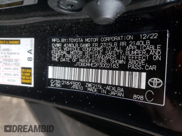 2023 Toyota Corolla Hybrid LE with VIN JTDBDMHE2P3002183, listed as a Copart auction lot 50292785 with 7,065 mi miles and Salvage Title. Bid and sale history available at carsss.com. Image 13.