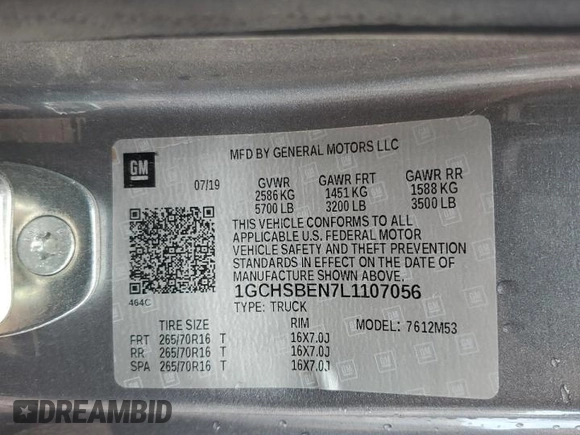 2020 Chevrolet Colorado 2WD Work Truck z VIN 1GCHSBEN7L1107056, wystawiony jako Copart lot #59054995 z przebiegiem 25 708 mil mil oraz Szkoda całkowita • Salvage title. Historia ofert i sprzedaży dostępna na DreamBid. Obrazek 12.