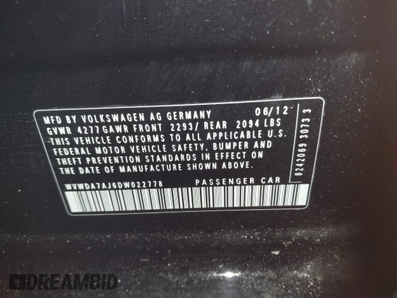 2013 Volkswagen Golf с VIN WVWDA7AJ6DW022778, выставлен на аукционе IAAI как лот 41608506 с пробегом 95 468 миль миль и . История ставок и продаж доступна на DreamBid. Изображение 9.
