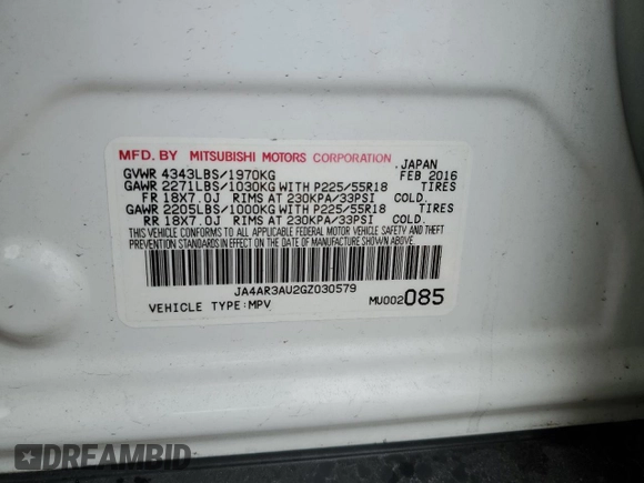 2016 Mitsubishi Outlander ES z VIN JA4AR3AU2GZ030579, wystawiony jako Copart lot #54063375 z przebiegiem 114 071 mil mil oraz Szkoda całkowita • Salvage title. Historia ofert i sprzedaży dostępna na DreamBid. Obrazek 12.