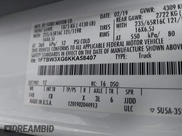 2019 Ford Transit with VIN 1FTBW3XG6KKA58407, listed as a IAAI auction lot 41790652 with 175,288 mi miles and . Bid and sale history available at DreamBid. Image 9.