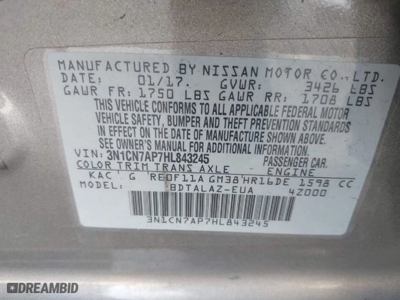 2017 Nissan Versa Sedan SV with VIN 3N1CN7AP7HL843245, listed as a IAAI auction lot 41765729 with 144,577 mi miles. Bid and sale history available at carsss.com. Image 9.