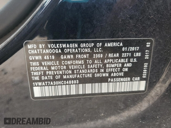 2017 Volkswagen Passat S with VIN 1VWAT7A30HC048893, listed as a Copart auction lot 55266315 with 199,490 mi miles and Salvage title. Bid and sale history available at DreamBid. Image 12.