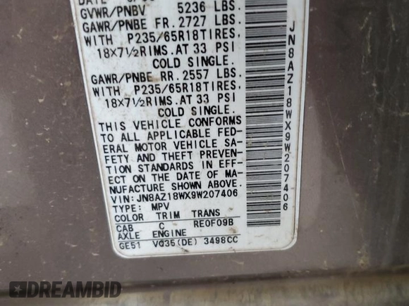 2009 Nissan Murano S with VIN JN8AZ18WX9W207406, listed as a Copart auction lot 51502925 with Not Provided miles and Salvage Title. Bid and sale history available at carsss.com. Image 13.