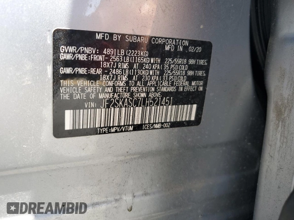 2020 Subaru Forester Limited with VIN JF2SKASC7LH521451, listed as a Copart auction lot 61656715 with Not provided miles and Salvage title. Bid and sale history available at DreamBid. Image 13.