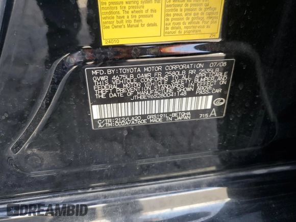 2008 Lexus GS 350 with VIN JTHBE96S280041148, listed as a Copart auction lot 42651195 with 182,069 mi miles and Salvage Title. Bid and sale history available at carsss.com. Image 12.