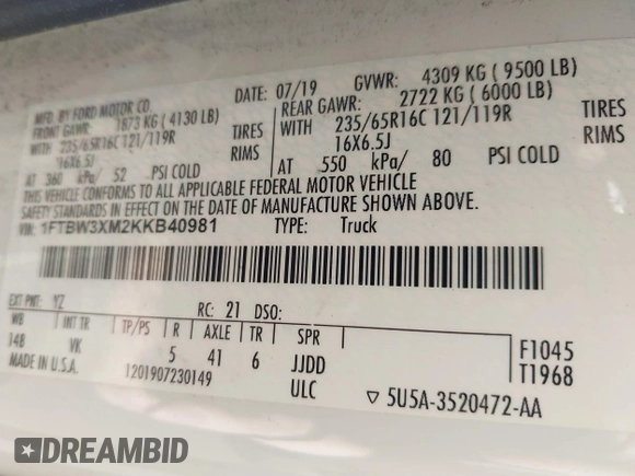 2019 Ford Transit Cargo with VIN 1FTBW3XM2KKB40981, listed as a IAAI auction lot 41558356 with 154,624 mi miles and . Bid and sale history available at DreamBid. Image 9.