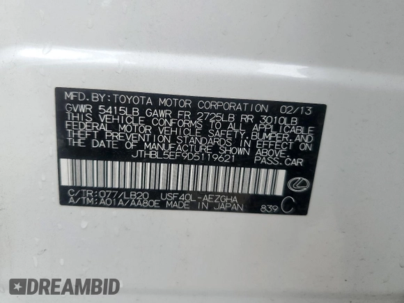 2013 Lexus LS 460 z VIN JTHBL5EF9D5119621, wystawiony jako Copart lot #62398715 z przebiegiem 171 472 mil mil oraz Szkoda całkowita • Salvage title. Historia ofert i sprzedaży dostępna na DreamBid. Obrazek 12.