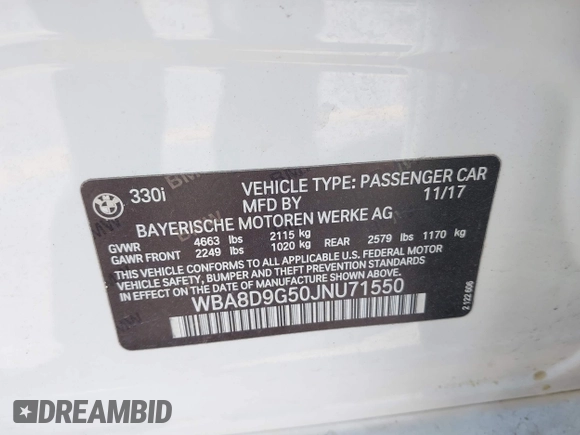 2018 BMW 3 Series 330i xDrive with VIN WBA8D9G50JNU71550, listed as a IAAI auction lot 42098935 with 45,948 mi miles and . Bid and sale history available at DreamBid. Image 9.