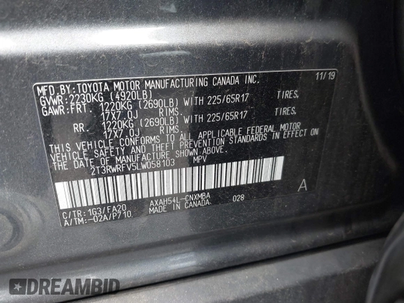 2020 Toyota RAV4 Hybrid XLE with VIN 2T3RWRFV5LW058103, listed as a IAAI auction lot 42665299 with 112,634 mi miles and . Bid and sale history available at DreamBid. Image 9.