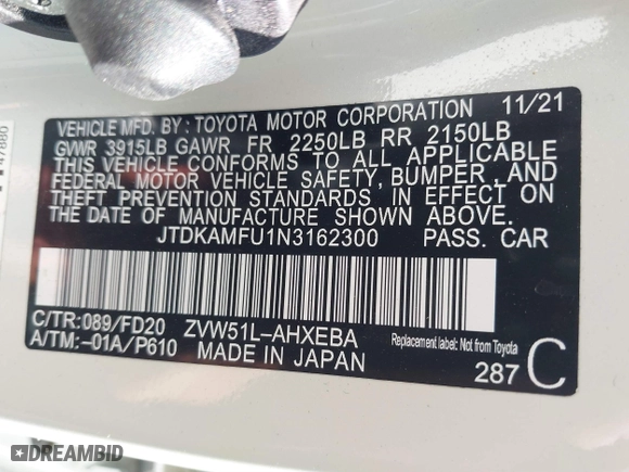 2022 Toyota Prius L Eco with VIN JTDKAMFU1N3162300, listed as a IAAI auction lot 41501371 with 16,521 mi miles. Bid and sale history available at carsss.com. Image 9.
