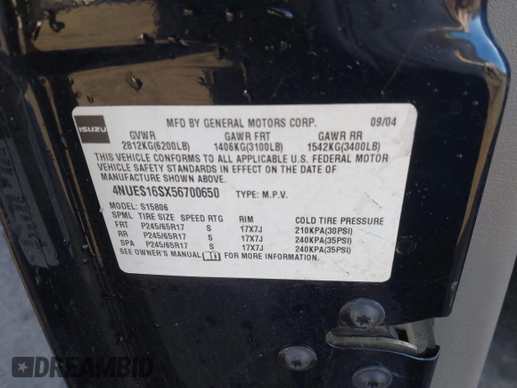 2005 Isuzu Ascender S с VIN 4NUES16SX56700650, выставлен на аукционе IAAI как лот 41440691 с пробегом 173 296 миль миль и . История ставок и продаж доступна на DreamBid. Изображение 9.