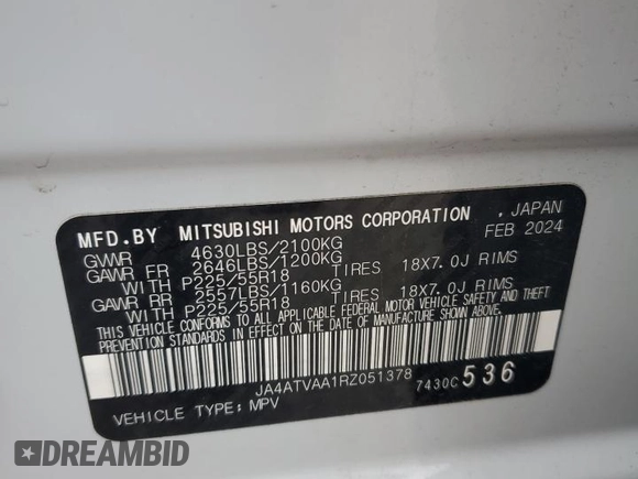 2024 Mitsubishi Eclipse Cross LE with VIN JA4ATVAA1RZ051378, listed as a Copart auction lot 61043245 with 19,400 mi miles and Salvage title. Bid and sale history available at DreamBid. Image 13.