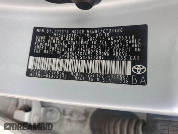 2016 Toyota Corolla L with VIN 5YFBURHE5GP548884, listed as a Copart auction lot 55942765 with 135,644 mi miles and Clean Title. Bid and sale history available at DreamBid. Image 13.
