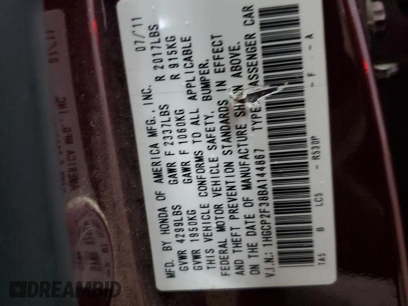 2011 Honda Accord LX with VIN 1HGCP2F38BA144867, listed as a Copart auction lot 58388065 with 130,413 mi miles and Salvage title. Bid and sale history available at DreamBid. Image 12.