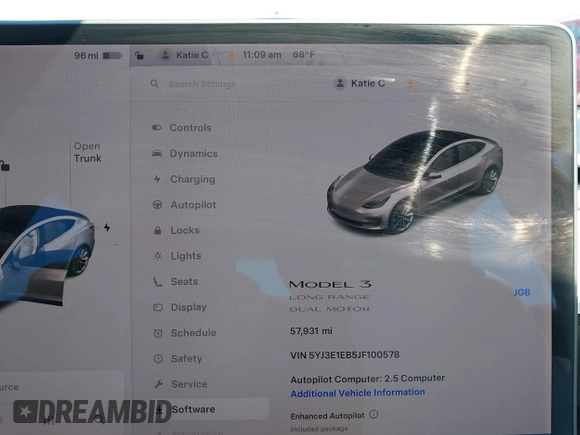 2018 Tesla Model 3 Long Range Battery with VIN 5YJ3E1EB5JF100578, listed as a IAAI auction lot 41959766 with 57,931 mi miles and . Bid and sale history available at DreamBid. Image 7.