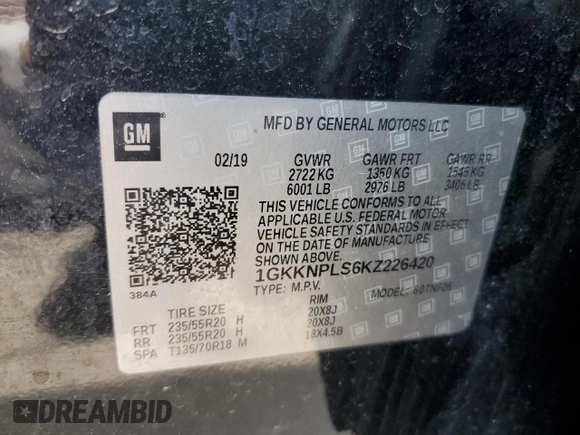 2019 GMC Acadia Denali with VIN 1GKKNPLS6KZ226420, listed as a Copart auction lot 53309835 with 115,770 mi miles and Salvage Title. Bid and sale history available at DreamBid. Image 16.