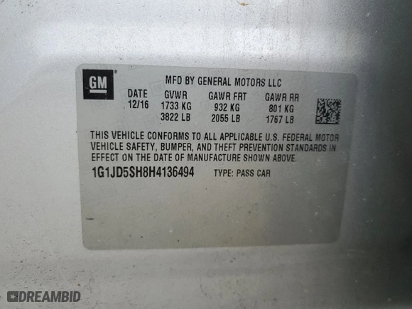 2017 Chevrolet Sonic LT with VIN 1G1JD5SH8H4136494, listed as a Copart auction lot 47835045 with 150,466 mi miles and Salvage Title. Bid and sale history available at carsss.com. Image 15.
