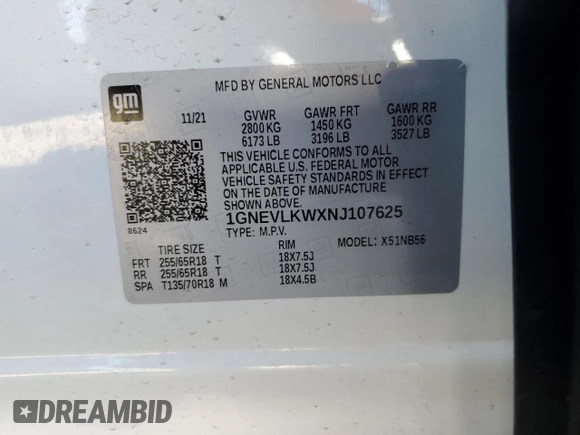 2022 Chevrolet Traverse LS with VIN 1GNEVLKWXNJ107625, listed as a Copart auction lot 42544375 with 46,280 mi miles and Salvage Title. Bid and sale history available at carsss.com. Image 13.
