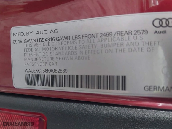 2019 Audi A5 Sportback Premium Plus with VIN WAUENCF56KA082869, listed as a IAAI auction lot 41127531 with 78,416 mi miles. Bid and sale history available at carsss.com. Image 9.