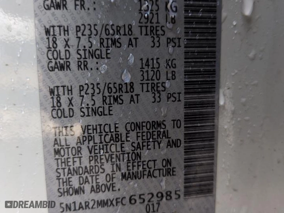 2015 Nissan Pathfinder Platinum with VIN 5N1AR2MMXFC652985, listed as a Copart auction lot 48891735 with 97,243 mi miles and Salvage Title. Bid and sale history available at carsss.com. Image 12.