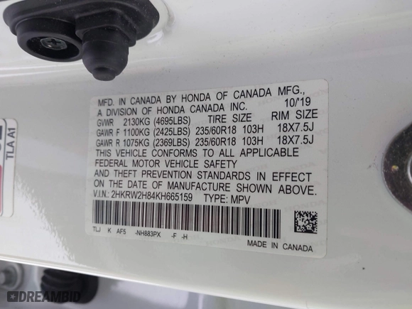2019 Honda CR-V EX-L with VIN 2HKRW2H84KH665159, listed as a IAAI auction lot 41558717 with 77,307 mi miles. Bid and sale history available at carsss.com. Image 9.