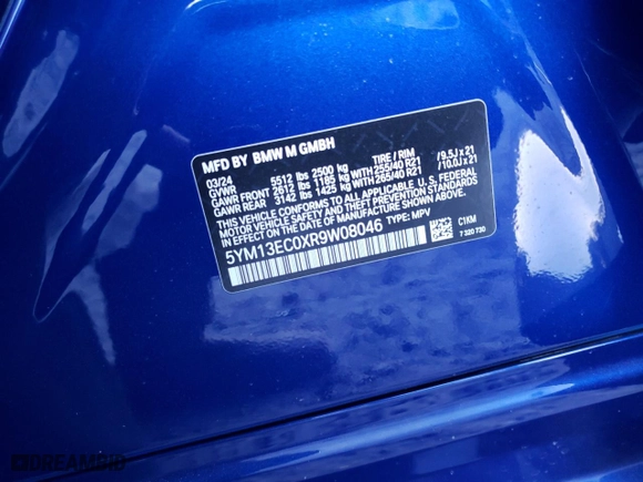 2024 BMW X3 M with VIN 5YM13EC0XR9W08046, listed as a Copart auction lot 86981974 with 8178 miles and Salvage Title. Bid and sale history available at carsss.com. Image 12.