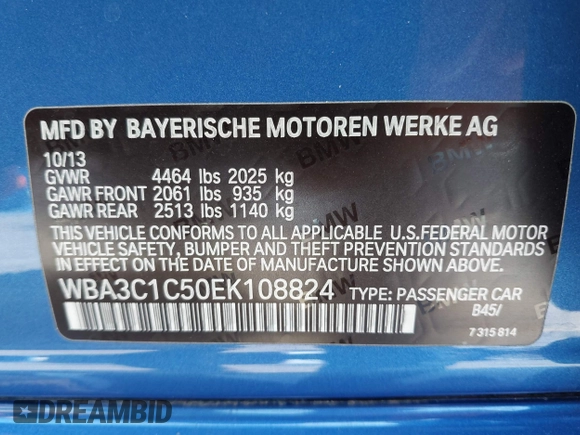 2014 BMW 3 Series 328i with VIN WBA3C1C50EK108824, listed as a IAAI auction lot 42489241 with 102,717 mi miles and . Bid and sale history available at DreamBid. Image 9.
