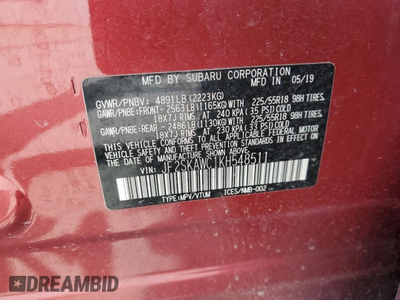 2019 Subaru Forester Touring with VIN JF2SKAWC1KH548511, listed as a Copart auction lot 51540225 with 65,223 mi miles and Salvage Title. Bid and sale history available at carsss.com. Image 13.