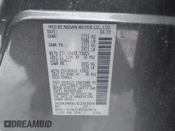 2019 Nissan Pathfinder S z VIN 5N1DR2MM0KC629304, wystawiony jako IAAI lot #41342768 z przebiegiem 48 529 mil mil oraz . Historia ofert i sprzedaży dostępna na DreamBid. Obrazek 9.