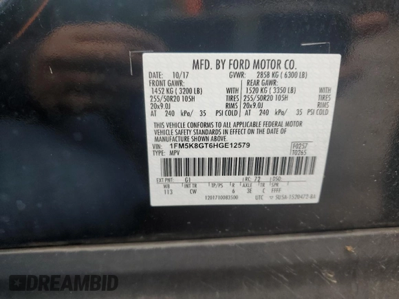 2017 Ford Explorer Sport with VIN 1FM5K8GT6HGE12579, listed as a Copart auction lot 54395055 with 59,955 mi miles and Salvage Title. Bid and sale history available at carsss.com. Image 13.