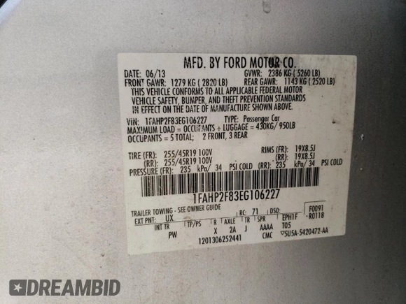 2014 Ford Taurus Limited with VIN 1FAHP2F83EG106227, listed as a Copart auction lot 63055365 with 194,026 mi miles and Salvage title. Bid and sale history available at DreamBid. Image 13.