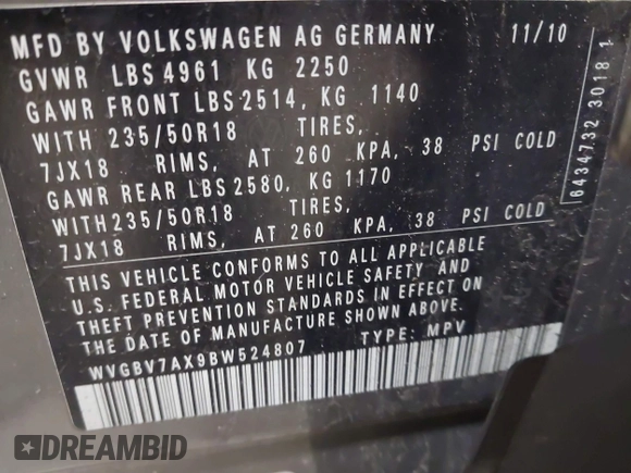 2011 Volkswagen Tiguan SE with VIN WVGBV7AX9BW524807, listed as a IAAI auction lot 41921439 with 204,813 mi miles and . Bid and sale history available at DreamBid. Image 9.