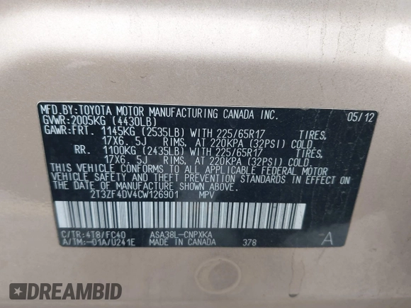 2012 Toyota RAV4 with VIN 2T3ZF4DV4CW126901, listed as a IAAI auction lot 41713361 with 194,828 mi miles. Bid and sale history available at carsss.com. Image 9.