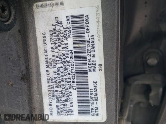 2004 Toyota Corolla CE with VIN 2T1BR32E74C313504, listed as a Copart auction lot 51900615 with 170,894 mi miles and Salvage Title. Bid and sale history available at DreamBid. Image 12.
